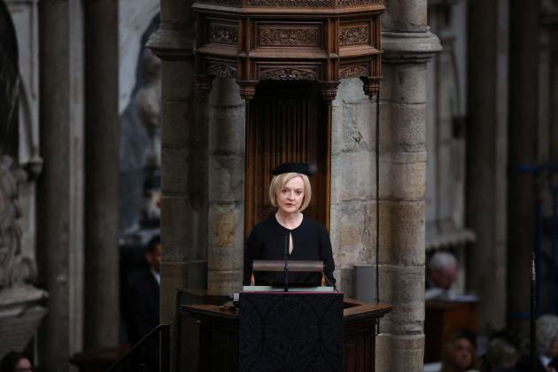 British Prime Minister Liz Truss speaks during the State Funeral Service for Britain's Queen Elizabeth II, at Westminster Abbey in London on September 19, 2022. (Photo by PHIL NOBLE / POOL / AFP)